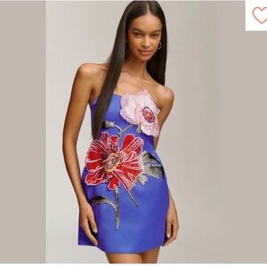 Leo Lin Strapless Royal Blue Floral Appliqué Mini Dress size 10 new
